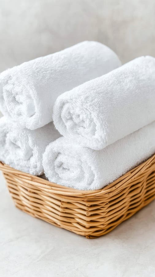Clean, folded white towels are neatly arranged in a woven basket on an empty white table, illuminated by soft natural royalty free stock photo