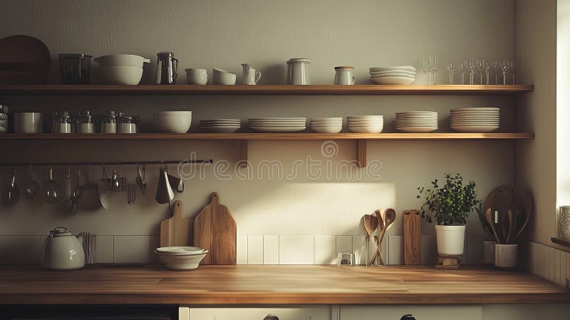 Clean kitchen with simple wooden shelving and tableware. royalty free stock photography