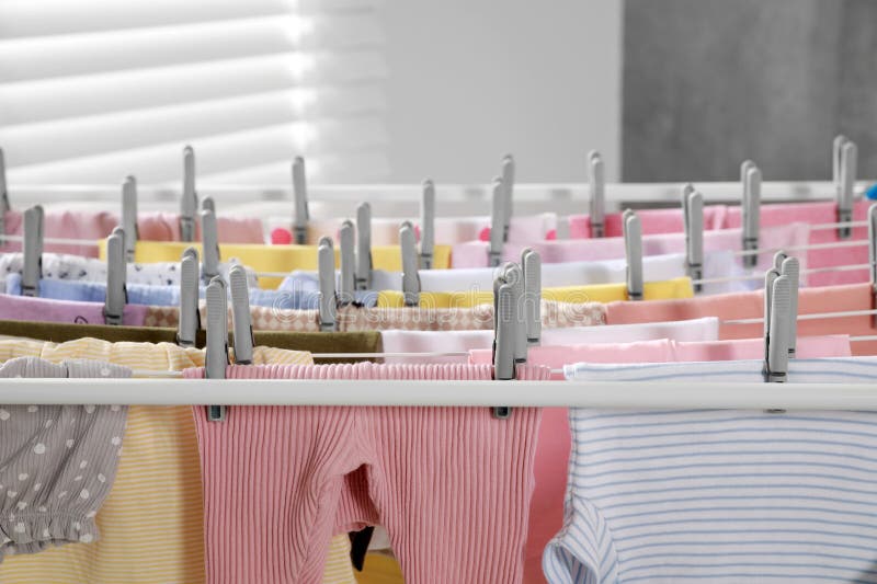Clean Laundry Hanging on Drying Rack Indoors Stock Image Image of