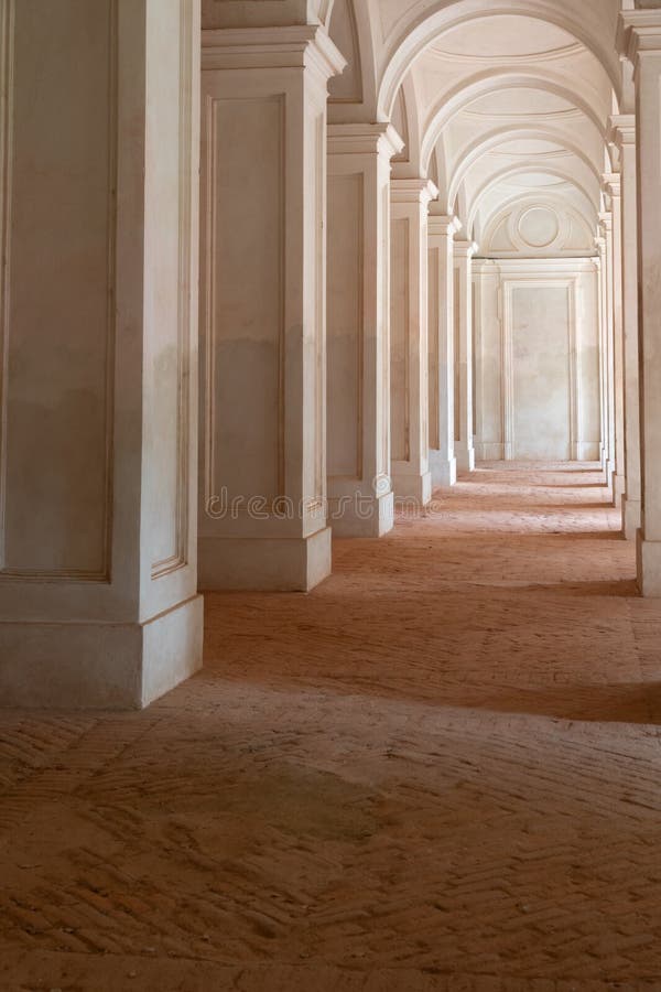 Clean long corridor perspective. Antique building, classic columns, minimalist interior royalty free illustration