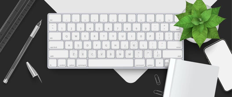 Clean minimal top view office workspace with 3d realistic keyboard, note, smartphone, desk plant vector royalty free illustration