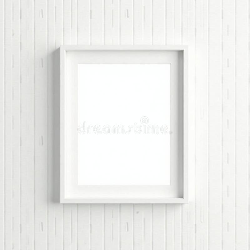Clean, minimalist white frame isolated on white background, clean, simple. A minimalist white frame hangs on a vertically striped, light-colored wall. The rectangular frame features clean lines and a simple design, reflecting minimalistic aesthetics. Its smooth, matte finish complements the subtle texture of the wall, creating a serene and balanced visual effect.