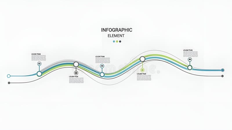 A clean and modern infographic element featuring a wavy timeline with multiple stages or points. The design incorporates blue, green, and gray lines, each connected to circles with placeholders for text and icons. The layout is suitable for visualizing processes, project timelines, or data progression. It's a versatile graphic for presentations, reports, and web design. Wavy timeline illustrations