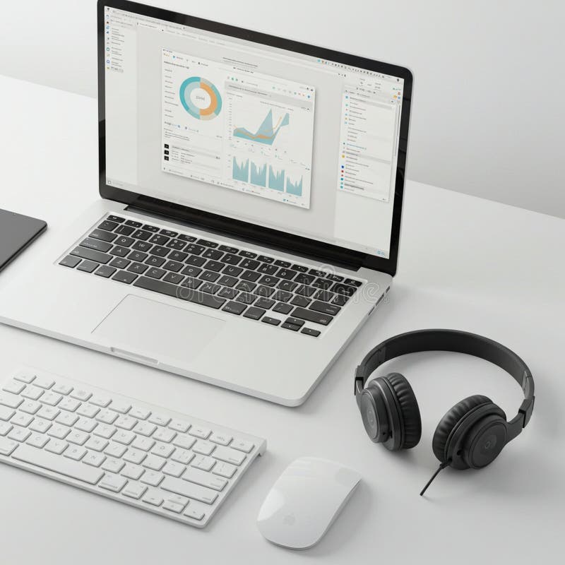 A clean, modern workspace features a laptop with a keyboard and mouse, placed on a stock illustration