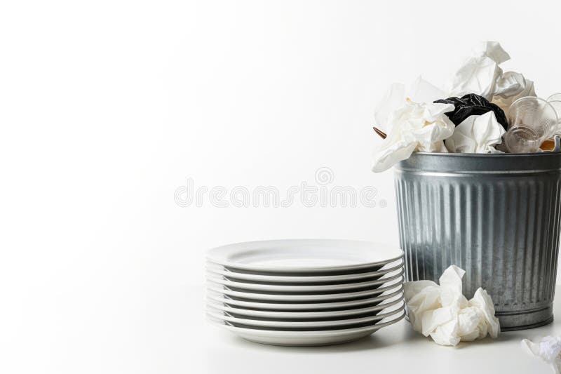 Clean plates next to the trash can. Space for text.