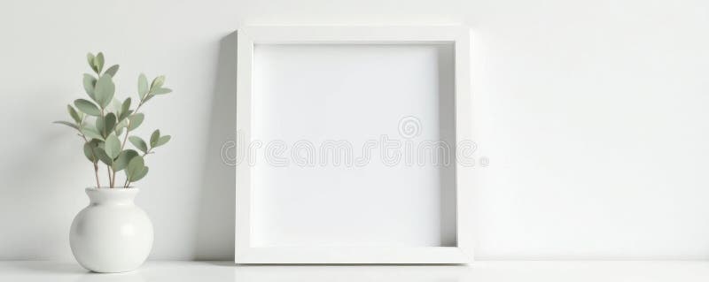 Clean, simple white wooden photo frame against a white wall , white background, minimal, empty space royalty free illustration