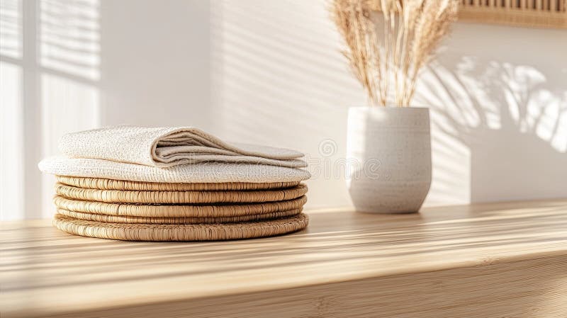 A clean stack of handwoven bamboo mats styled on a light wooden counter. background stock photography