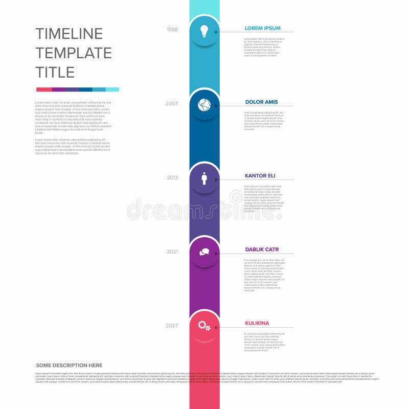 A clean vertical timeline infographic design template with color gradients and text description boxes. This timeline template is perfect for showcasing project history or business milestones. History timeline vertical vectors