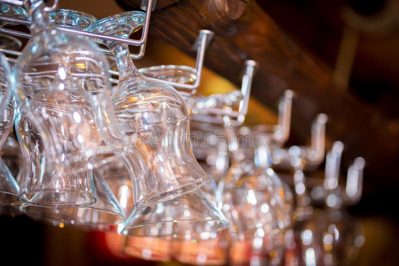Clean Washed Glasses Hanging Over a Bar Rack Stock Image Image of