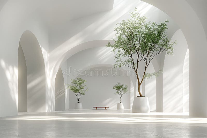 Clean white background with a minimalist design, featuring an open area in the center for customization. A white room with arched. --A room with white walls adorned with arches and potted plants, creating a serene atmosphere reminiscent of a natural landscape within an urban design.