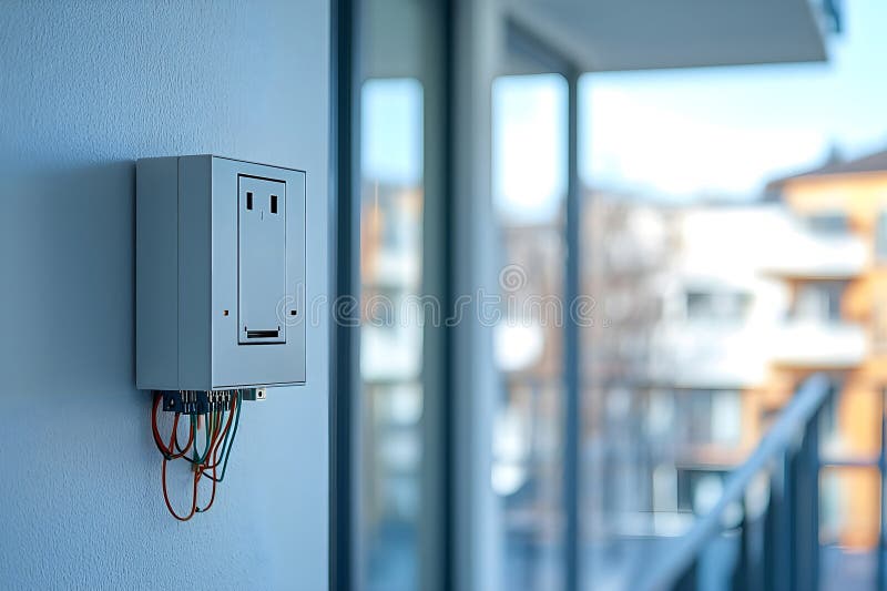 Modern electrical fuse box mounted on a wall in a contemporary home setting. Generative AI royalty free stock photo