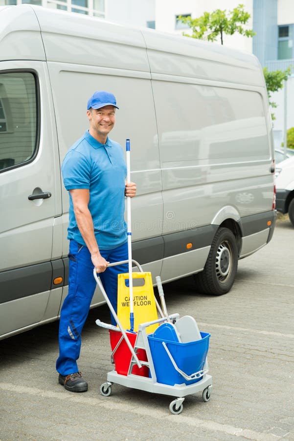 Cleaner in Front of Van with Cleaning Equipments Stock Photo Image of