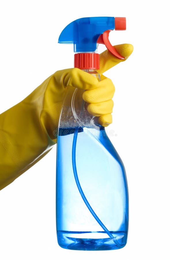 Cleaning bottle and hand stock photos