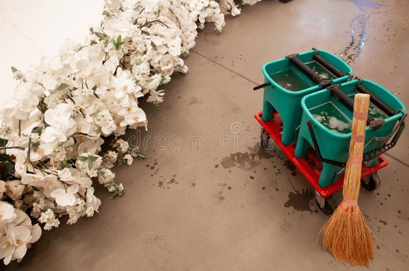 Cleaning Buckets Soap Solution Inside Cleaning Company Stock Image