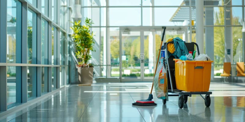 Un cărucior de curățare încărcat cu un mop și mătură stă pe holul unui spațiu pentru copii de birou royalty free stock photo