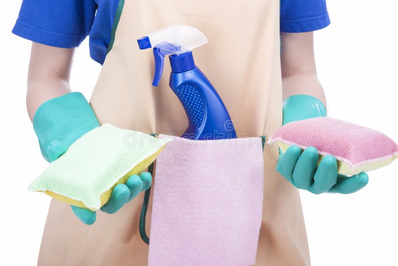 Cleaning Concept: Female hands Holding Cleaning Staff and Equipment