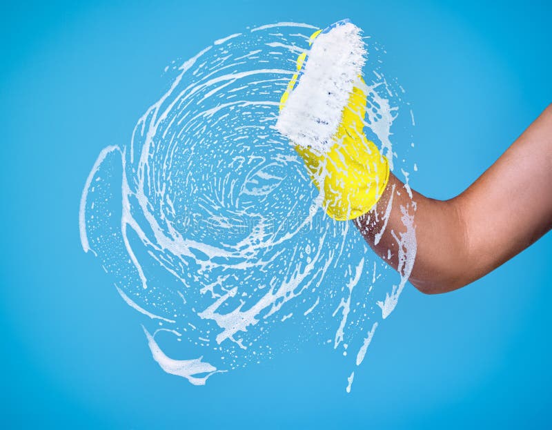 Cleaning Conept Hand Cleaning Glass Window Pane with Detergent Stock