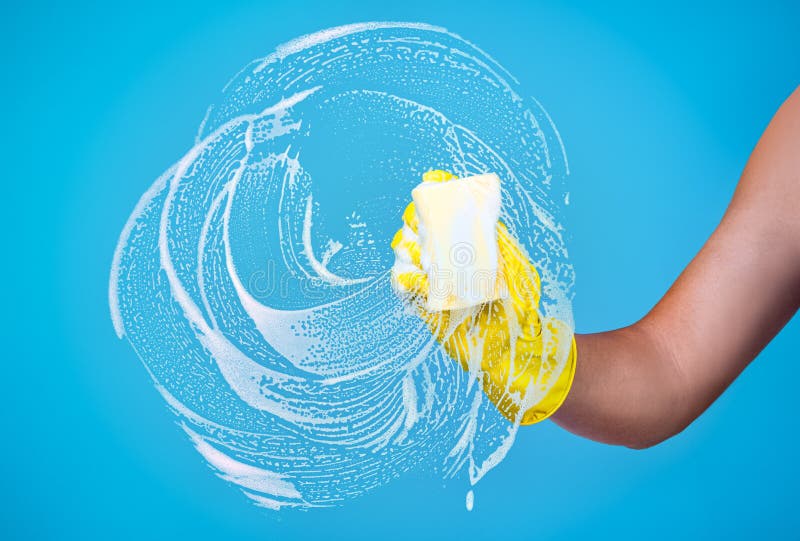 Cleaning Conept Hand Cleaning Glass Window Pane with Detergent Stock