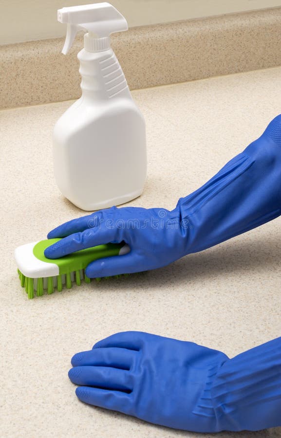 Cleaning Counter with Brush and Spray Bottle Stock Image Image of