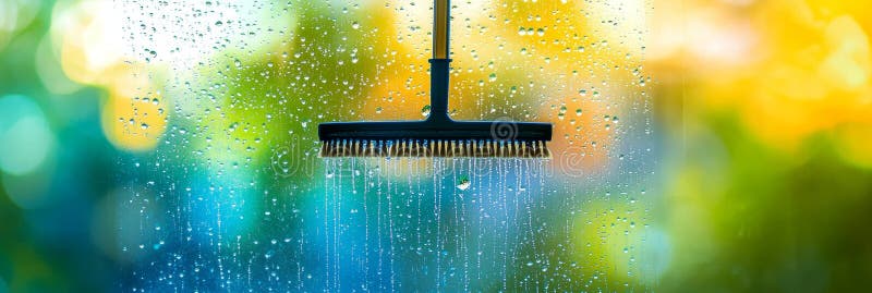 Cleaning Day Squeegee Removing Water Droplets from Window with Sunny Bokeh Background vector illustration