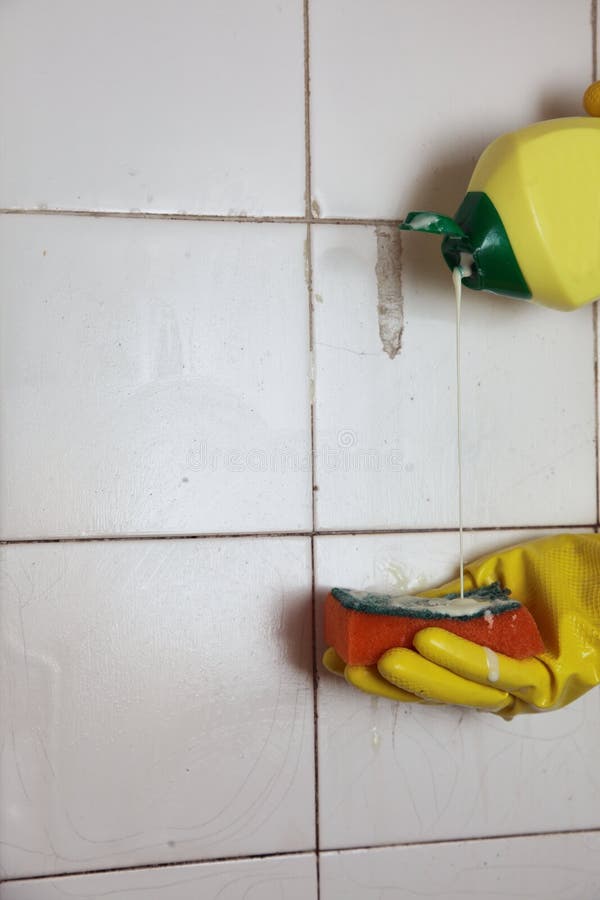Cleaning of Dirty Old Tiles in a Bathroom Stock Image Image of
