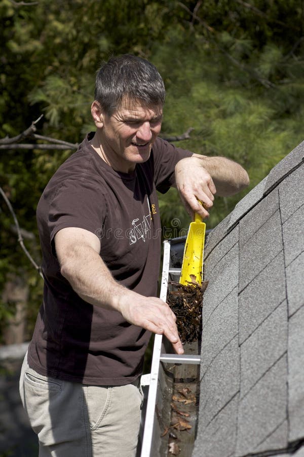 Cleaning Eavestroughs - a dirty job stock image