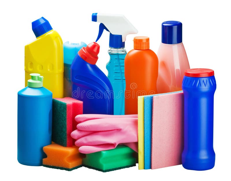 Cleaning equipment in the basket stock photos