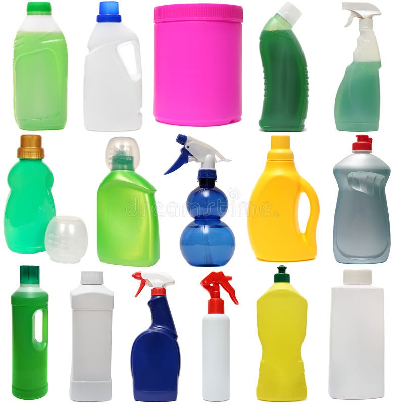 Cleaning equipment . colored plastic bottles with