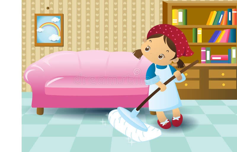 Roztomilá dívka mytí podlahy s mopem.