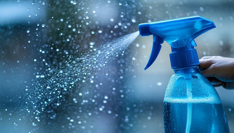Cleaning Glass Hand Holding Spray Bottle and Spritzing Window with Blurred Interior Background stock illustration