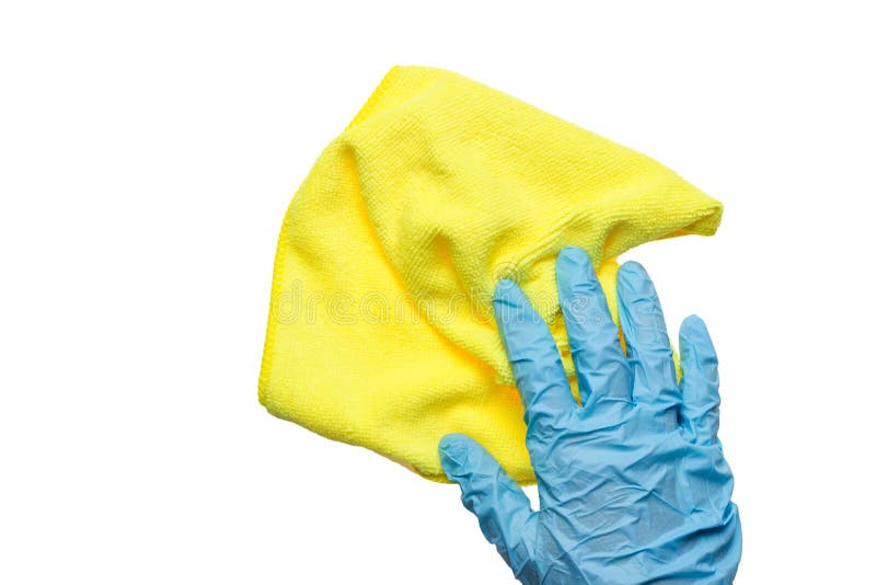 Cleaning, Hand in a Blue Glove with a Yellow Rag Stock Image Image of