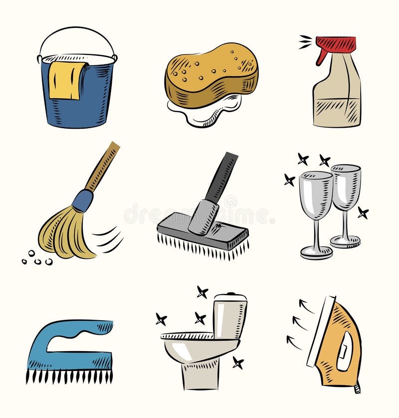 Cleaning items household supplies icons Royalty Free Vector