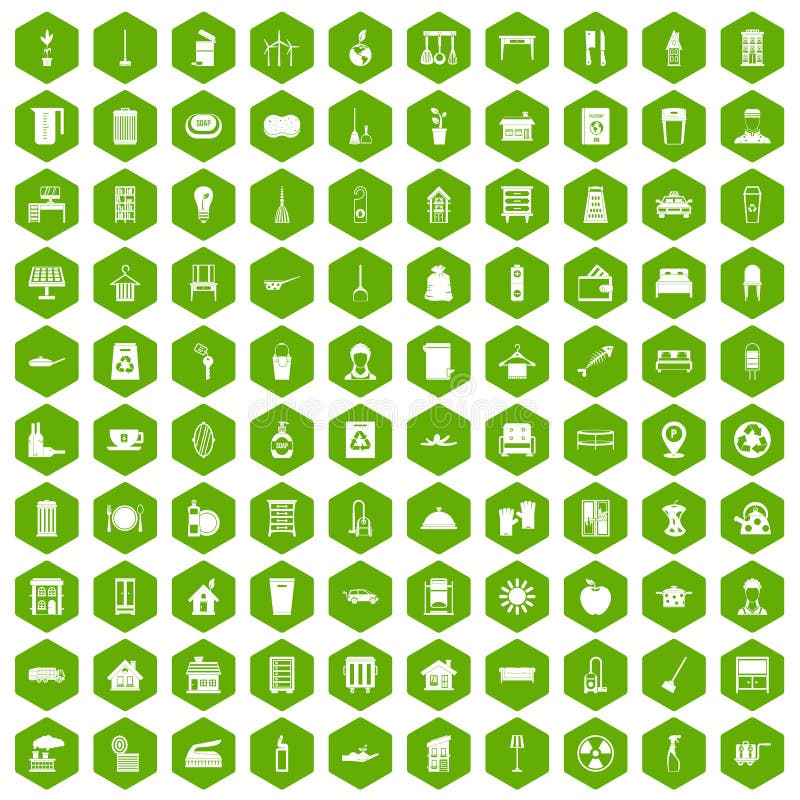 100 Cleaning Icons Hexagon Green Stock Vector Illustration of machine