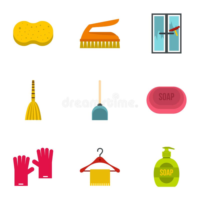 Cleaning Icons Set, Flat Style Stock Vector Illustration of brush