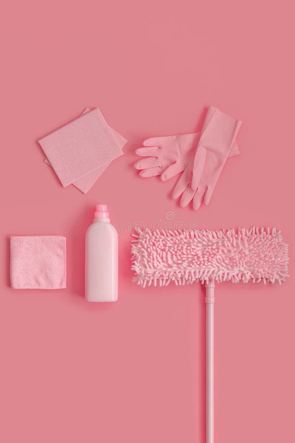 Cleaning Kit On A Pink Background. Copy Space. Stock Photo Image of