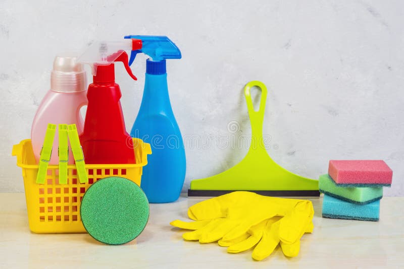 A Cleaning Kit with Tools and Products at Home. Stock Image Image of