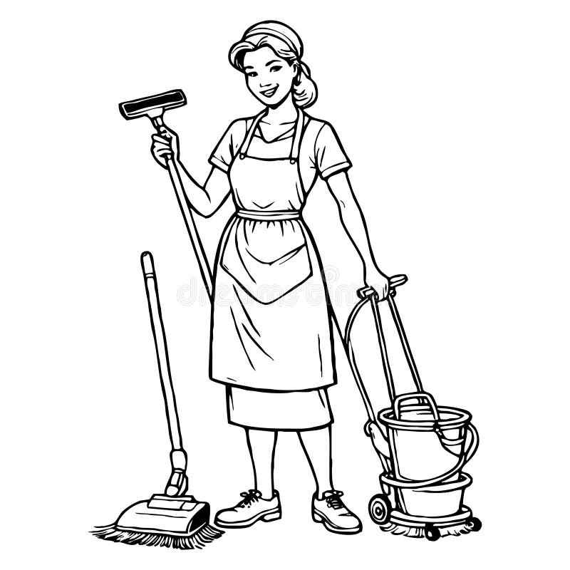 Cleaning Lady . Fictional Character . Black and White Illustration