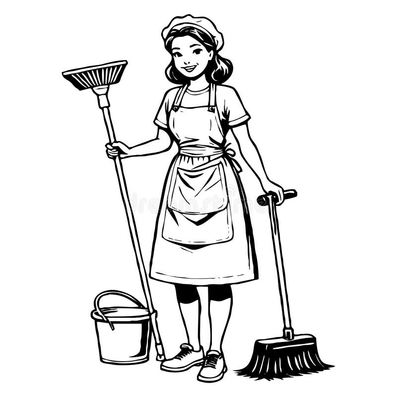 Cleaning Lady . Fictional Character . Black and White Illustration