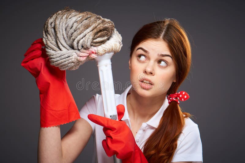 Cleaning Lady Rubber Gloved Mop in Hands Housework Routine Work Stock