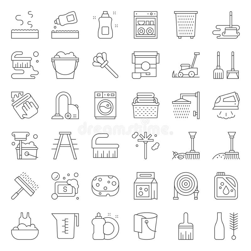 Cleaning and laundry service and equipment outline icon set.