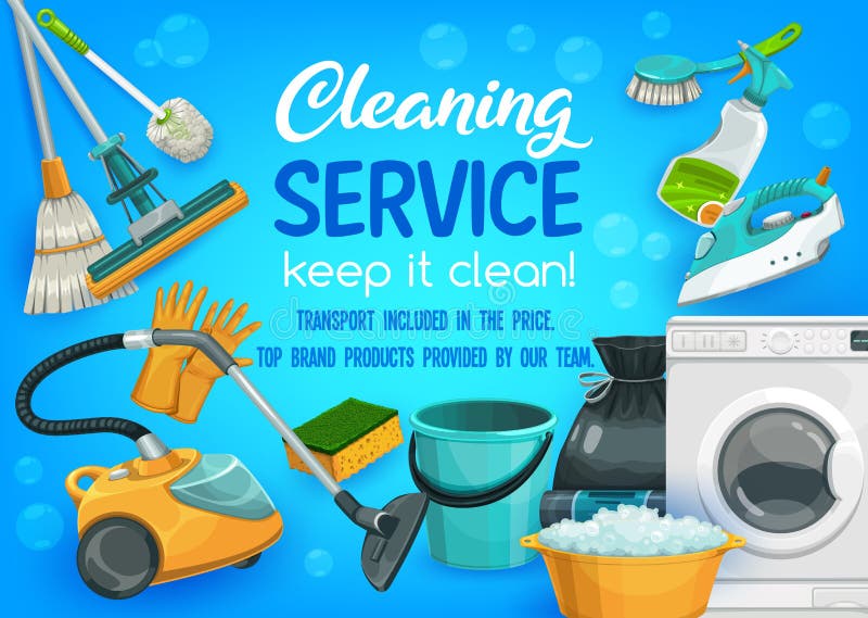 Cleaning and laundry service vector house supplies. Housework tools washing machine, floor mop, broom or toilet brush. Vacuum cleaner, gloves or iron with trash sack, basin and bucket. Cleaning and laundry service vector house supplies. Housework tools washing machine, floor mop, broom or toilet brush. Vacuum cleaner, gloves or iron with trash sack, basin and bucket