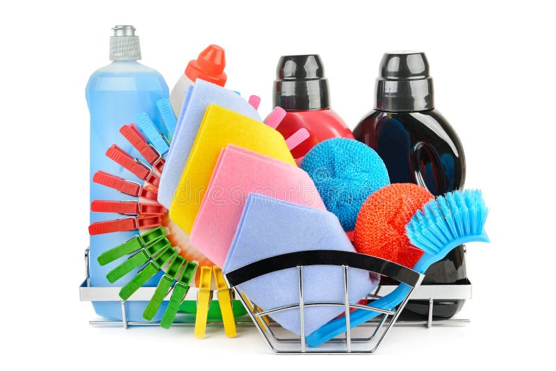 Set of household chemicals and brushes for cleaning isolated on white background. Detergent background stock images, royalty-free photos and pictures