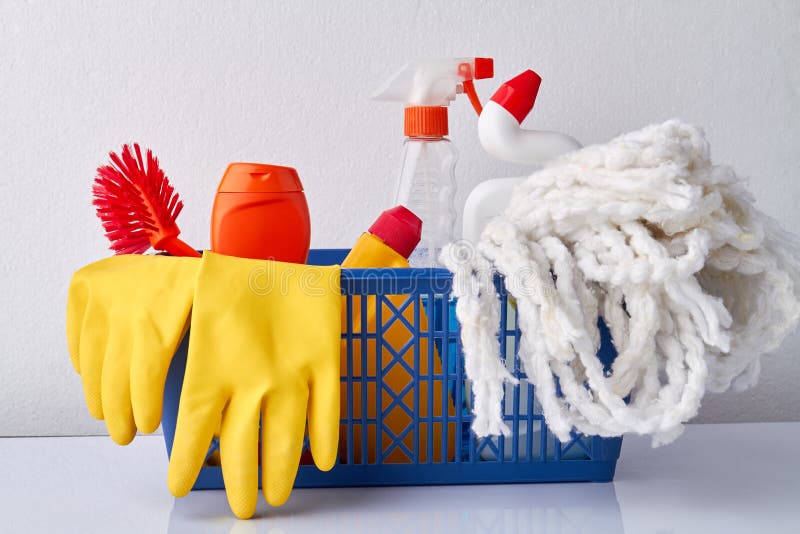 Cleaning Products And Supplies In Basket. Stock Image Image of cleaning, chemical 148693247