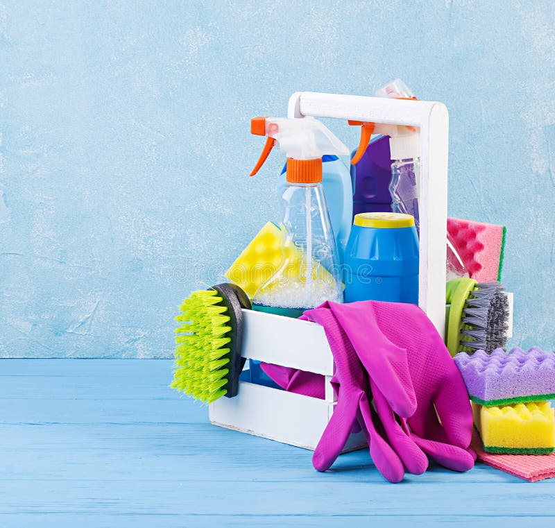 Cleaning Service Concept. Colorful Cleaning Set for Different Surfaces
