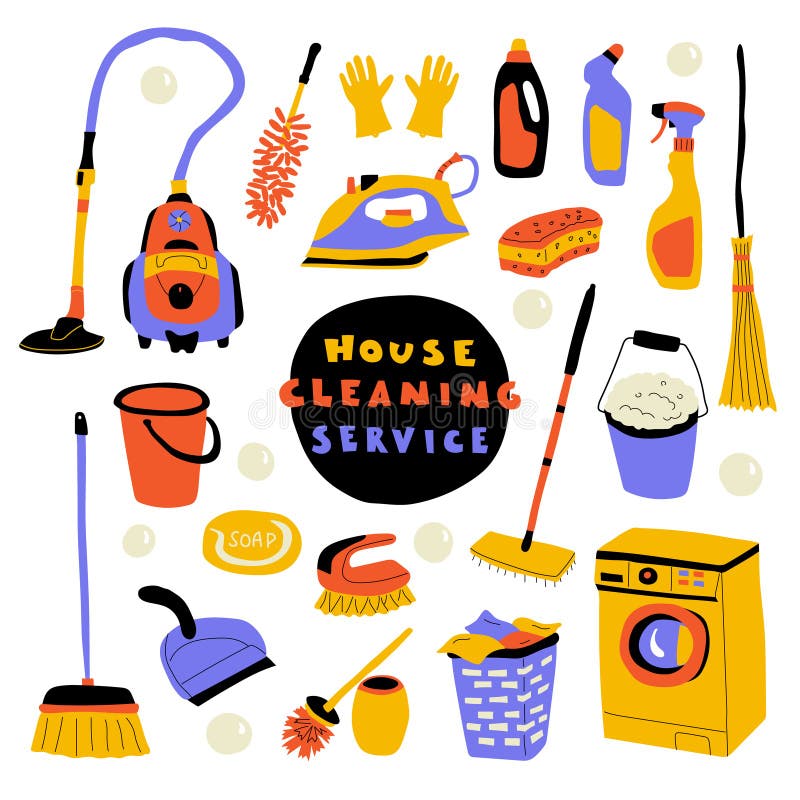 Cleaning service, cute doodle set with lettering. Funny cartoon housecleaning. Hand drawn vector illustration