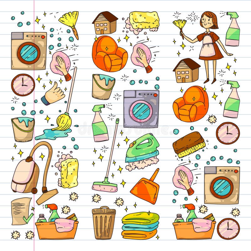 Cleaning Services Company Vector Pattern. Drawing on Exercise Notebook