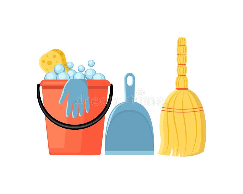 Assorted cleaning items set with brooms, bucket, mops, spray, brushes,  sponges. Cleaning accessories flat style. 15541998 Vector Art at Vecteezy
