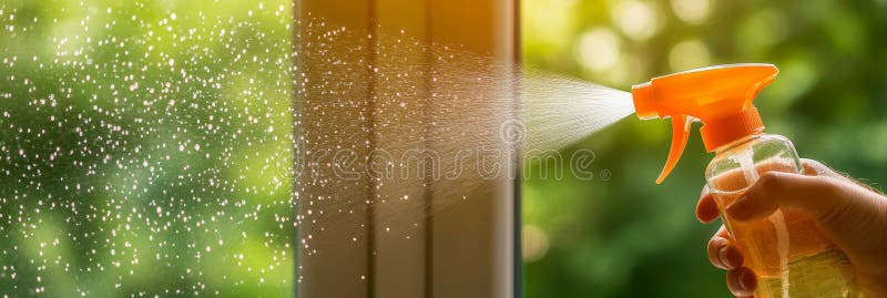 Cleaning Solution Being Sprayed onto a Window with Sunlight, Creating Refreshing Water Droplets vector illustration