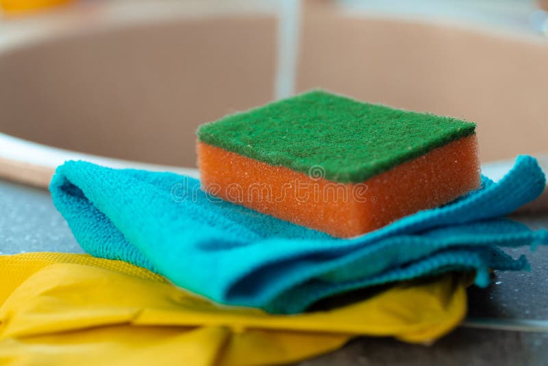 Cleaning Sponge and Rag on Kitchen Counter Stock Image Image of