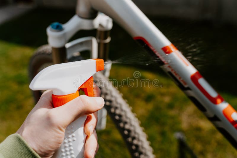 Bicycle Washing Outdoors with Spray Stock Image Image of male, land